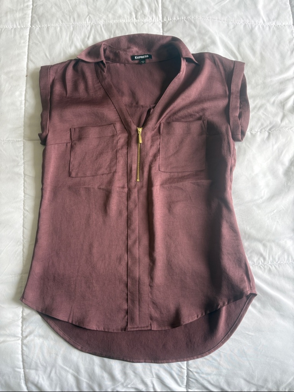 Express Wine Zip-Front Cap Sleeve Blouse